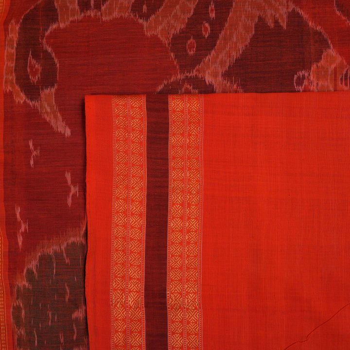Full layout view of a black and orange Sambalpuri cotton saree showing the body, border, and pallu
