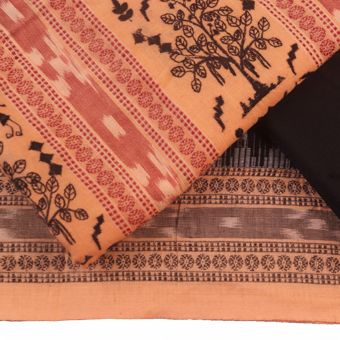 Detail of the Sambalpuri cotton dress material's blouse piece, featuring black and cream motifs.