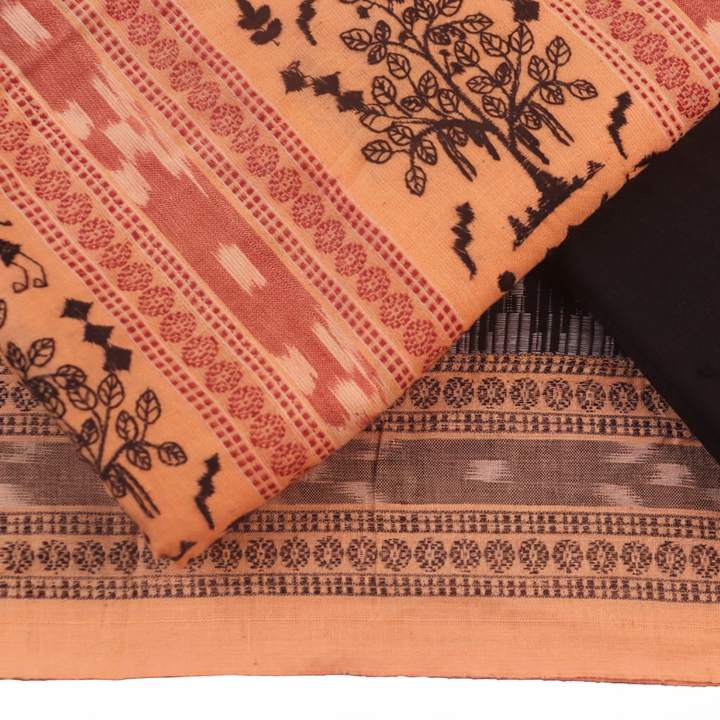 Detail of the Sambalpuri cotton dress material's blouse piece, featuring black and cream motifs.