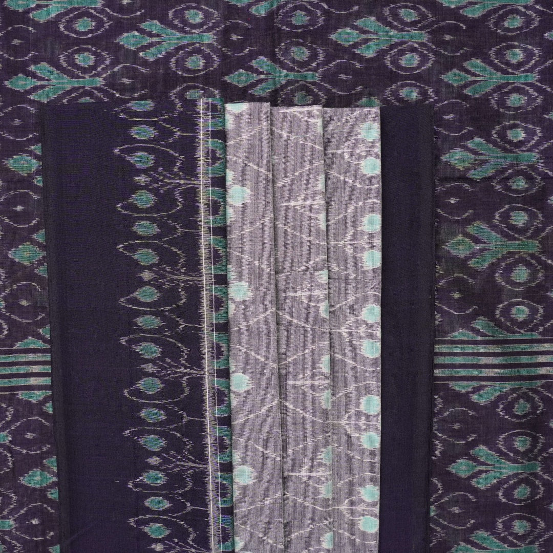 Full product layout of the grey and blue Sambalpuri cotton saree showing body motifs and pallu detail.