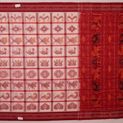 Full view of a white and red Sambalpuri cotton saree with traditional motifs.