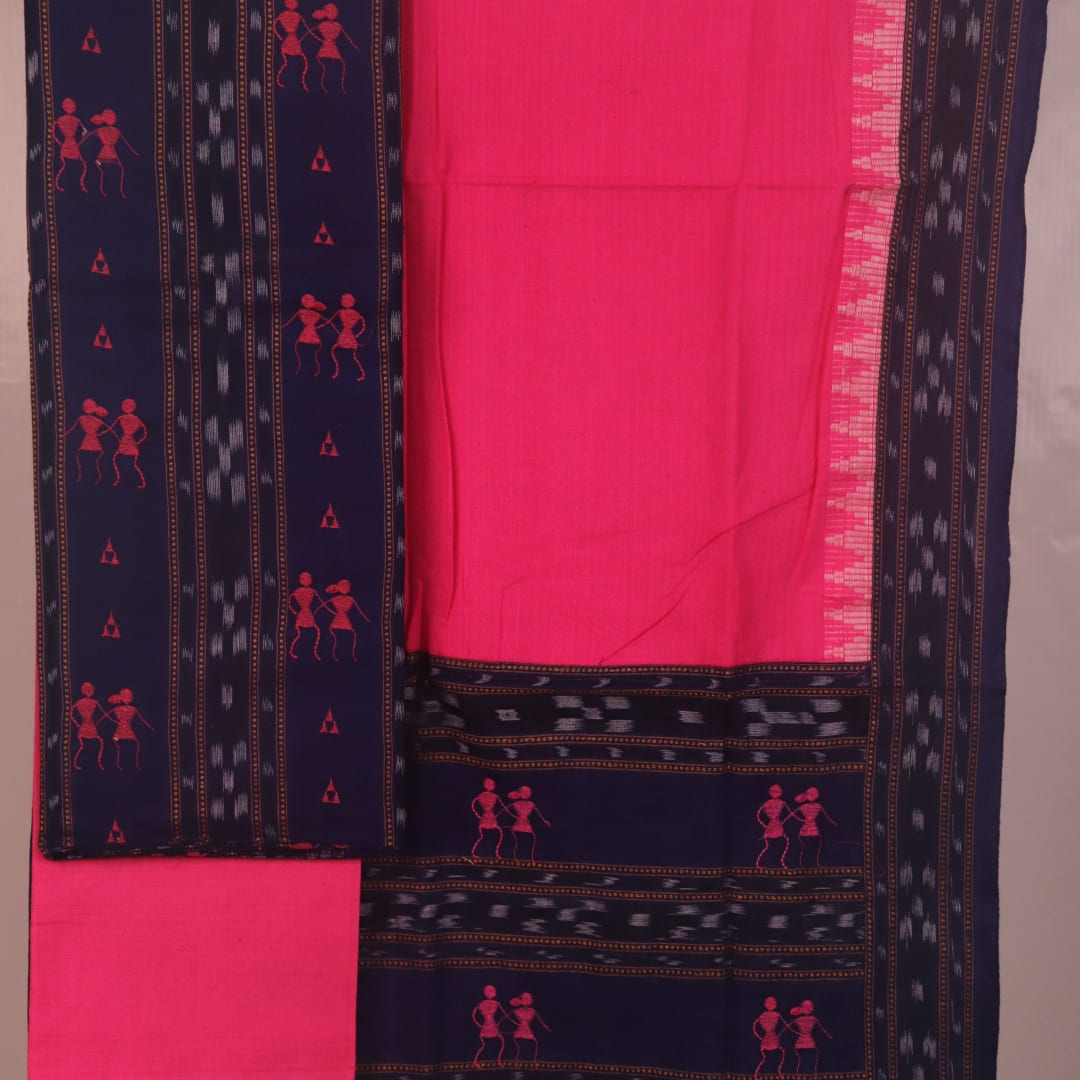 Detail of the blue and pink Sambalpuri cotton dress material blouse piece with traditional motifs.