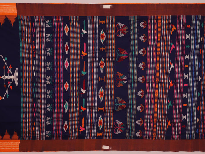 Full view of a blue and orange cotton Berhampuri saree with a butta pattern