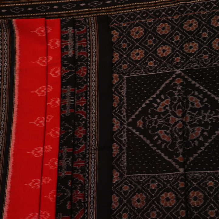 Full view of an orange and black Sambalpuri cotton saree with intricate motifs