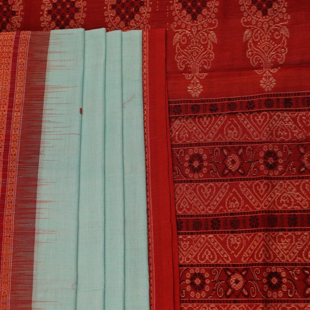 Full view of a handloom green and rust Bomkai cotton saree with butta pattern.