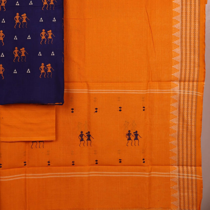 Blue and yellow cotton Sambalpuri dress material with a doll pattern and a close-up of the blouse piece