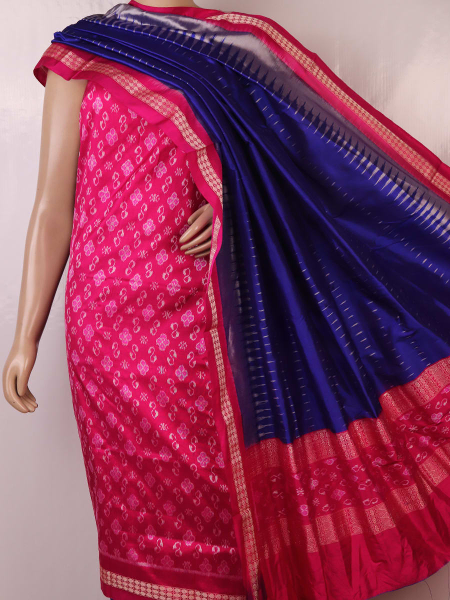 Pink & Blue Sambalpuri Silk handloom dress material blouse piece with motifs.