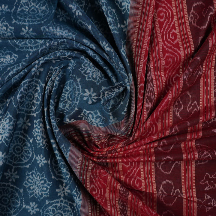 Full flat layout of the blue and maroon Sambalpuri cotton saree displaying the complete motifs and border pattern.