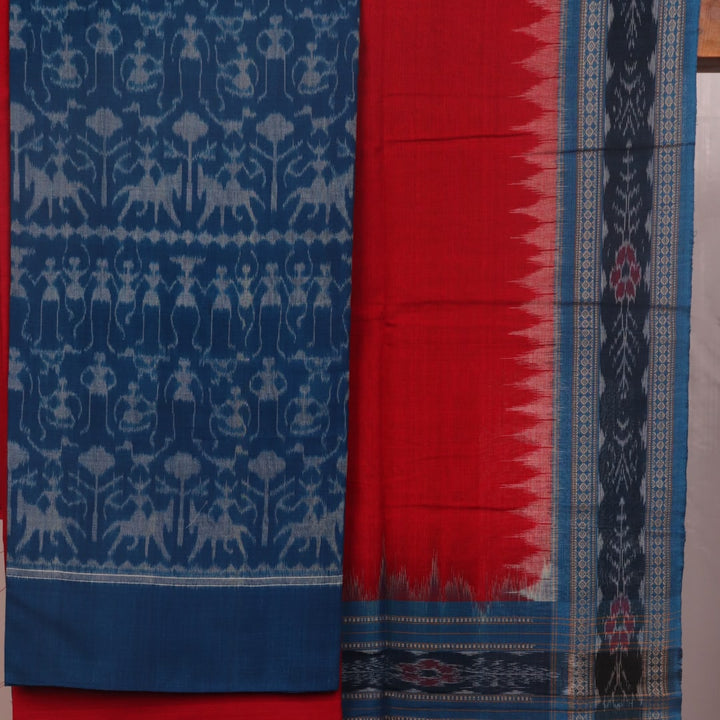 Close-up of the blue and red Sambalpuri cotton dress material's blouse piece with motifs.
