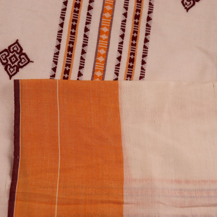 Full view of an exquisite cotton saree with intricate butta pattern in off-white and yellow.