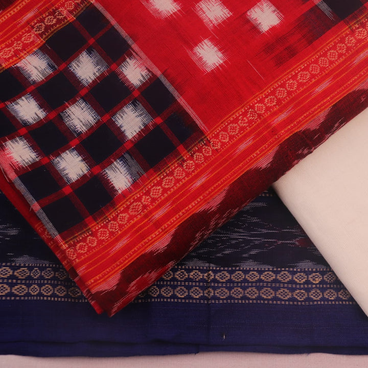 Detail of red and white Pasapalli pattern cotton blouse piece for Sambalpuri dress material.