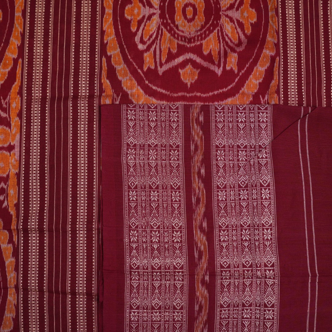 Full view of the orange and maroon Sambalpuri cotton saree showcasing the iconic Pasapalli checkerboard pattern.