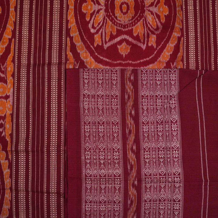 Full view of the orange and maroon Sambalpuri cotton saree showcasing the iconic Pasapalli checkerboard pattern.