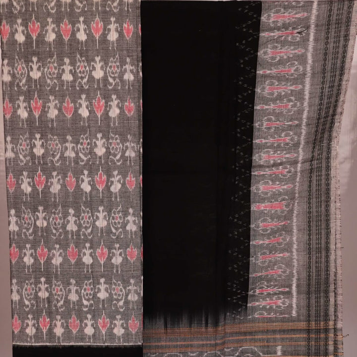 Close-up showcasing geometric motifs and black-on-grey color combination of a Sambalpuri cotton dress material blouse piece