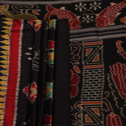 Full view of a black silk Khandua saree with intricate motifs