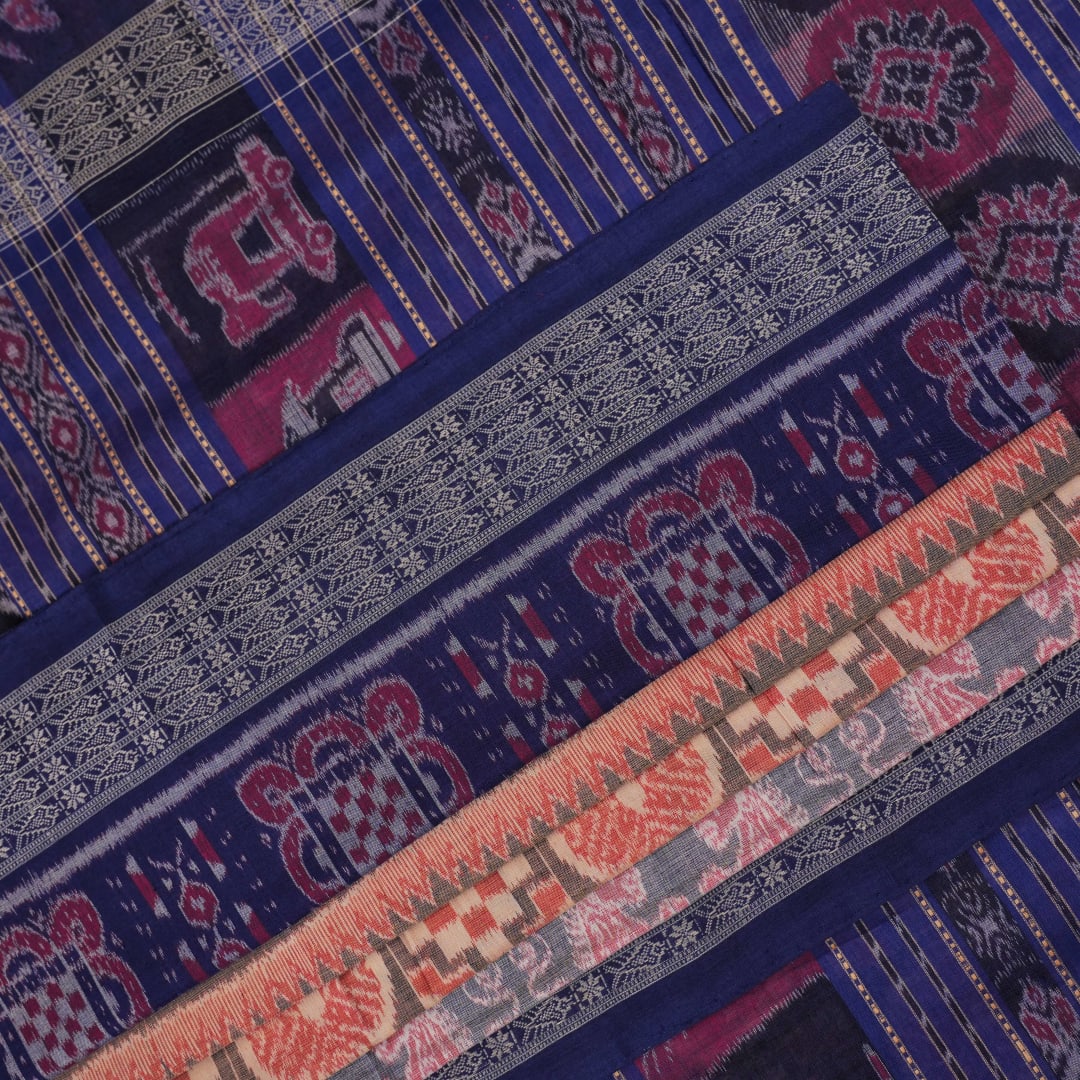 Full layout of blue and multi-color Sambalpuri cotton saree displaying motifs across the length.