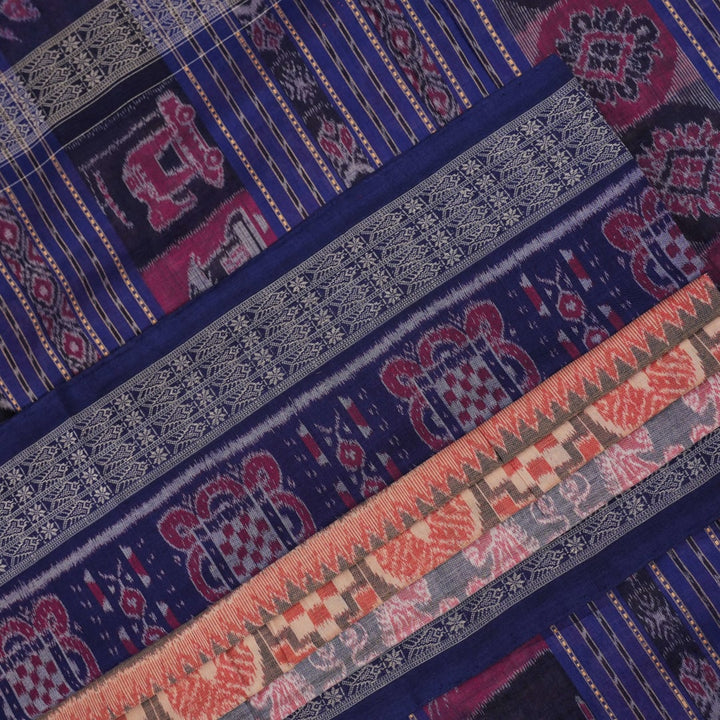 Full layout of blue and multi-color Sambalpuri cotton saree displaying motifs across the length.