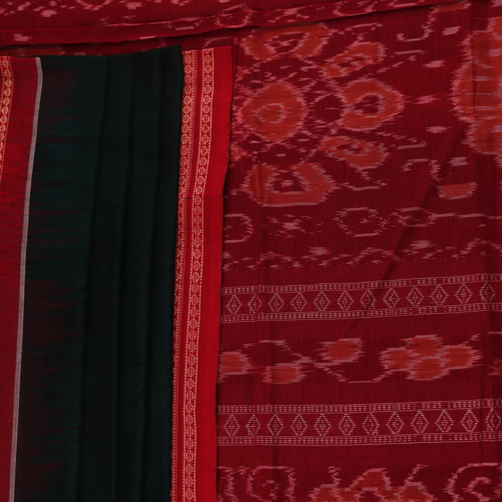 Full view of a green and red handloom Bomkai Cotton Saree with butta pattern.