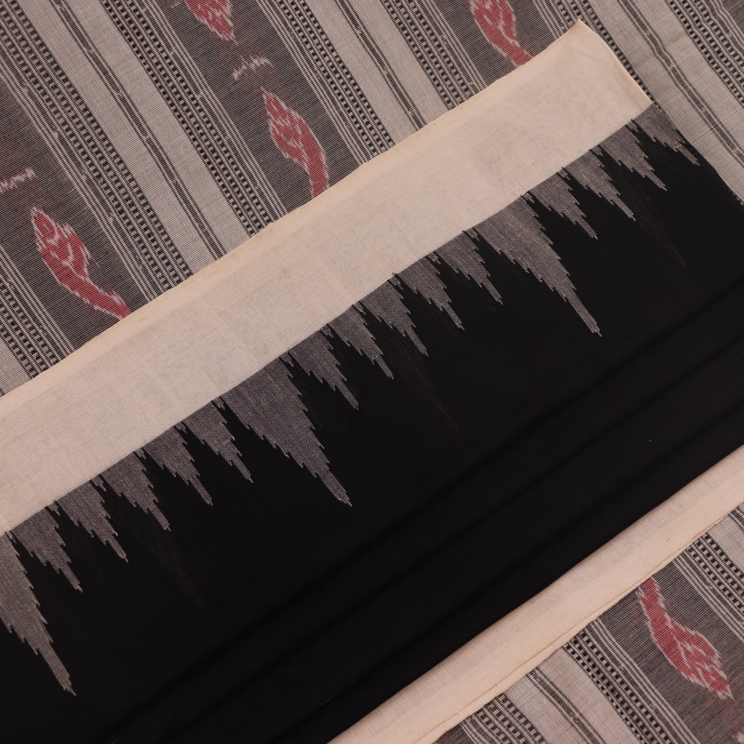Full view of a plain black and white Sambalpuri cotton handloom saree.