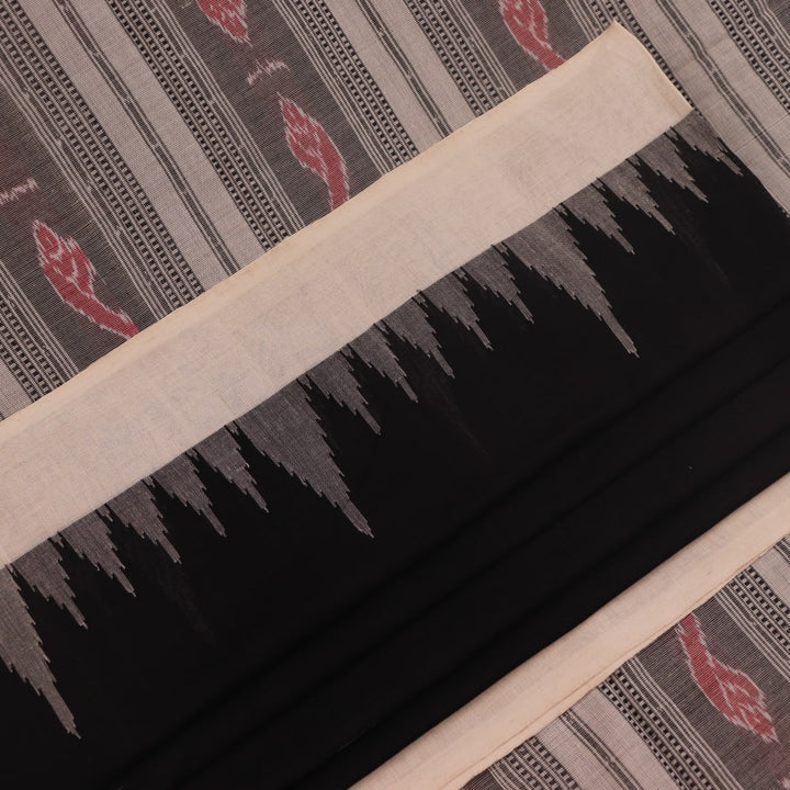 Full view of a plain black and white Sambalpuri cotton handloom saree.