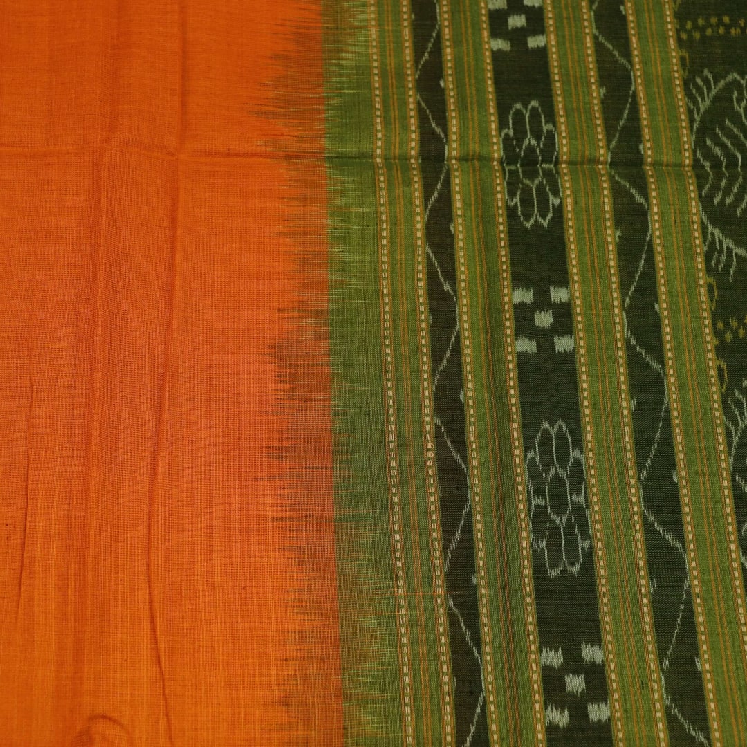 Yellow and green cotton Sambalpuri dupatta with plain body and patterned border, styled for draping