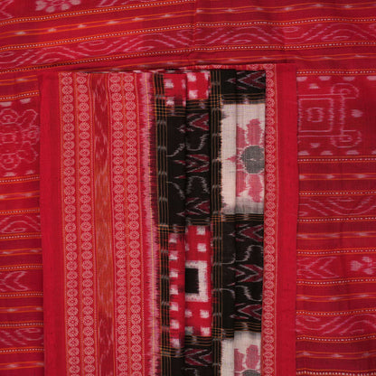 Model styled in a black and red Sambalpuri cotton saree featuring the traditional Pasapalli design.