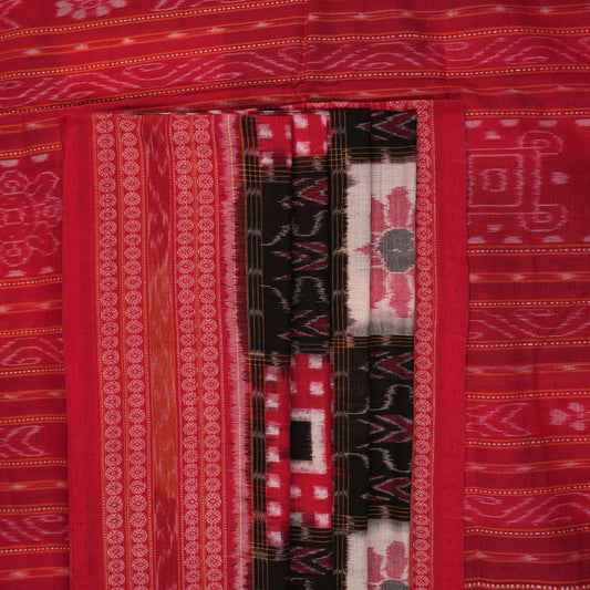 Model styled in a black and red Sambalpuri cotton saree featuring the traditional Pasapalli design.