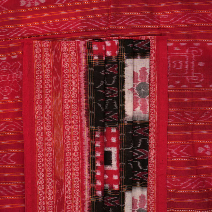 Model styled in a black and red Sambalpuri cotton saree featuring the traditional Pasapalli design.