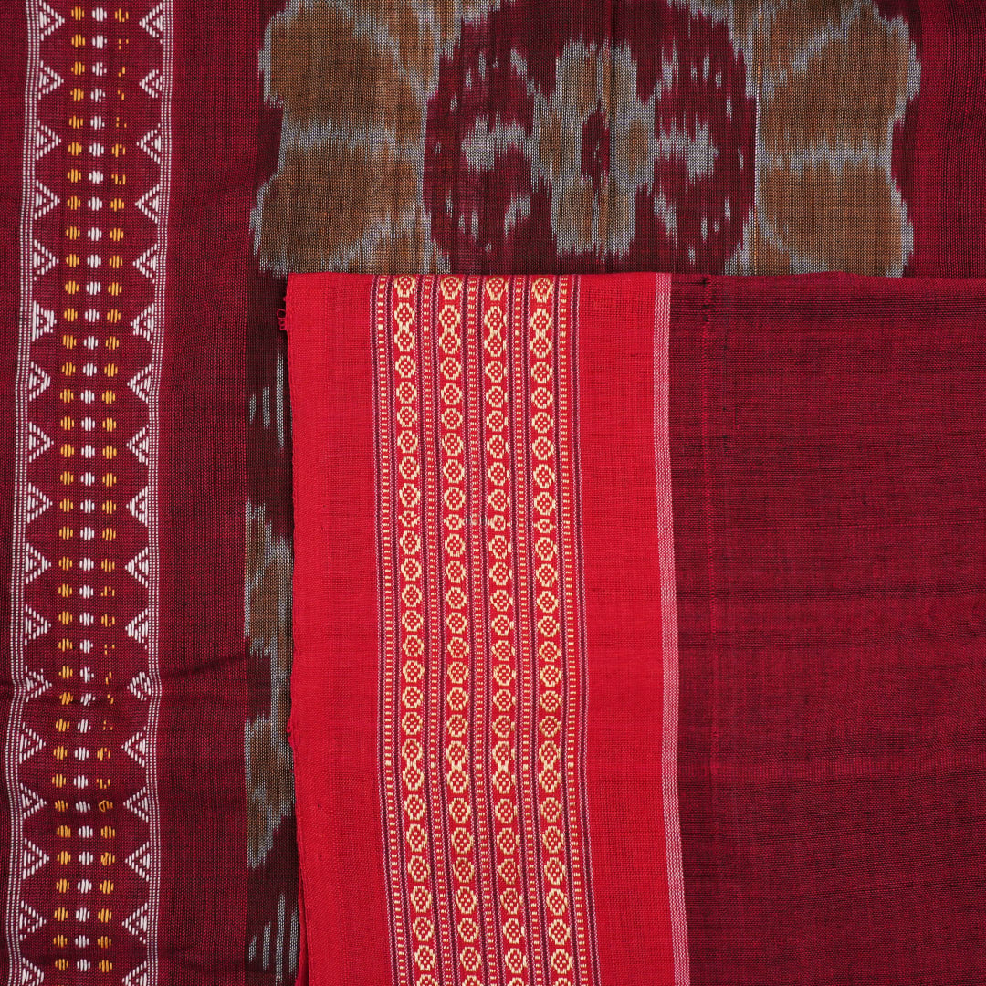 Full layout of brown and red handloom Bomkai cotton saree showing butta body and decorative pallu.