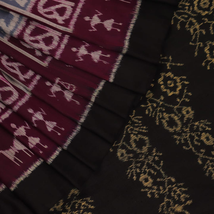 Full-length view of a maroon silk Khandua saree featuring intricate black motifs.