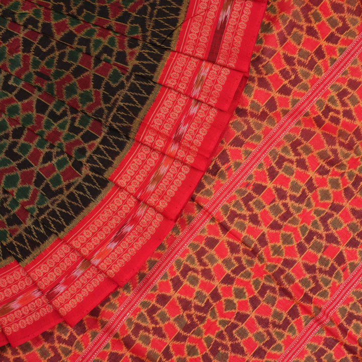 Full layout of red multi-color Sambalpuri cotton saree showcasing the overall ikat pattern and pallu design.