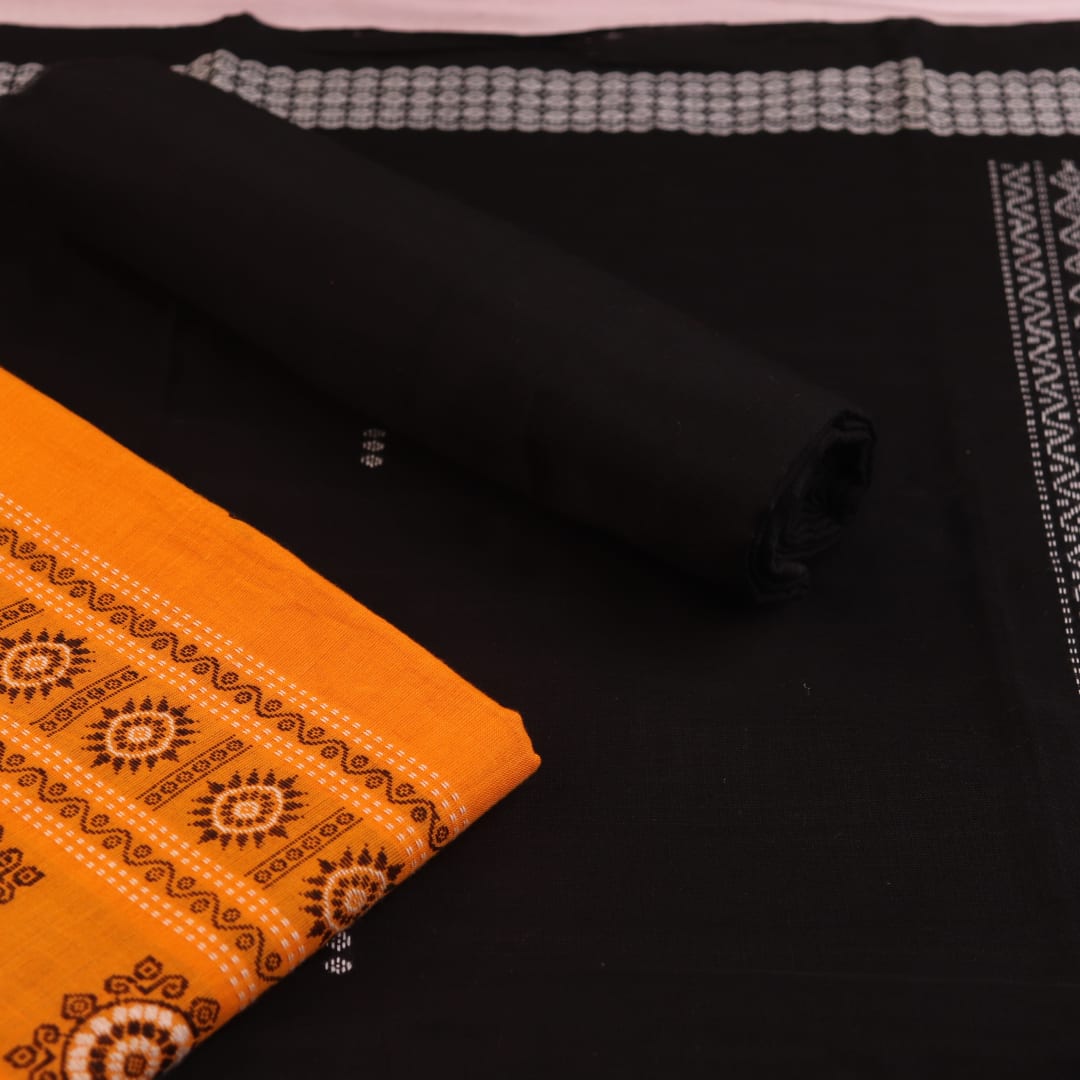Handloom Yellow Bomkai Cotton Dress Material with Black border