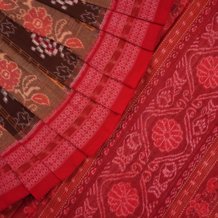 Model draped in brown and red Pasapalli Sambalpuri cotton saree showcasing traditional Odisha handloom