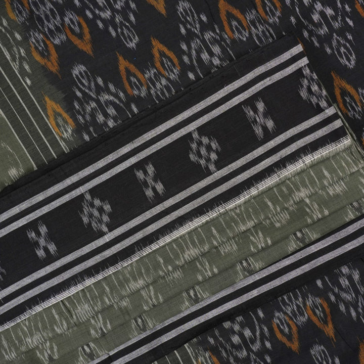 Elegant model drape of the grey and black Sambalpuri cotton saree showcasing traditional handloom motifs.