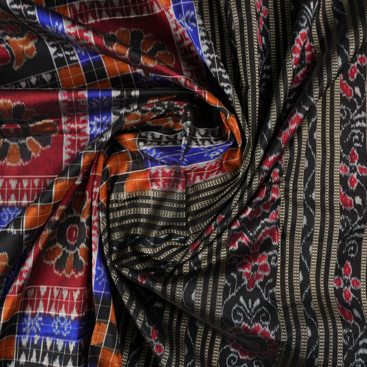 Close-up showing the rich, handloom silk texture and intricate multi-color Utkallaxmi weave with motifs.