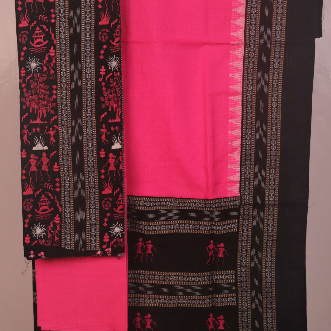 Blouse piece detail for black and pink Sambalpuri cotton dress material with motifs.