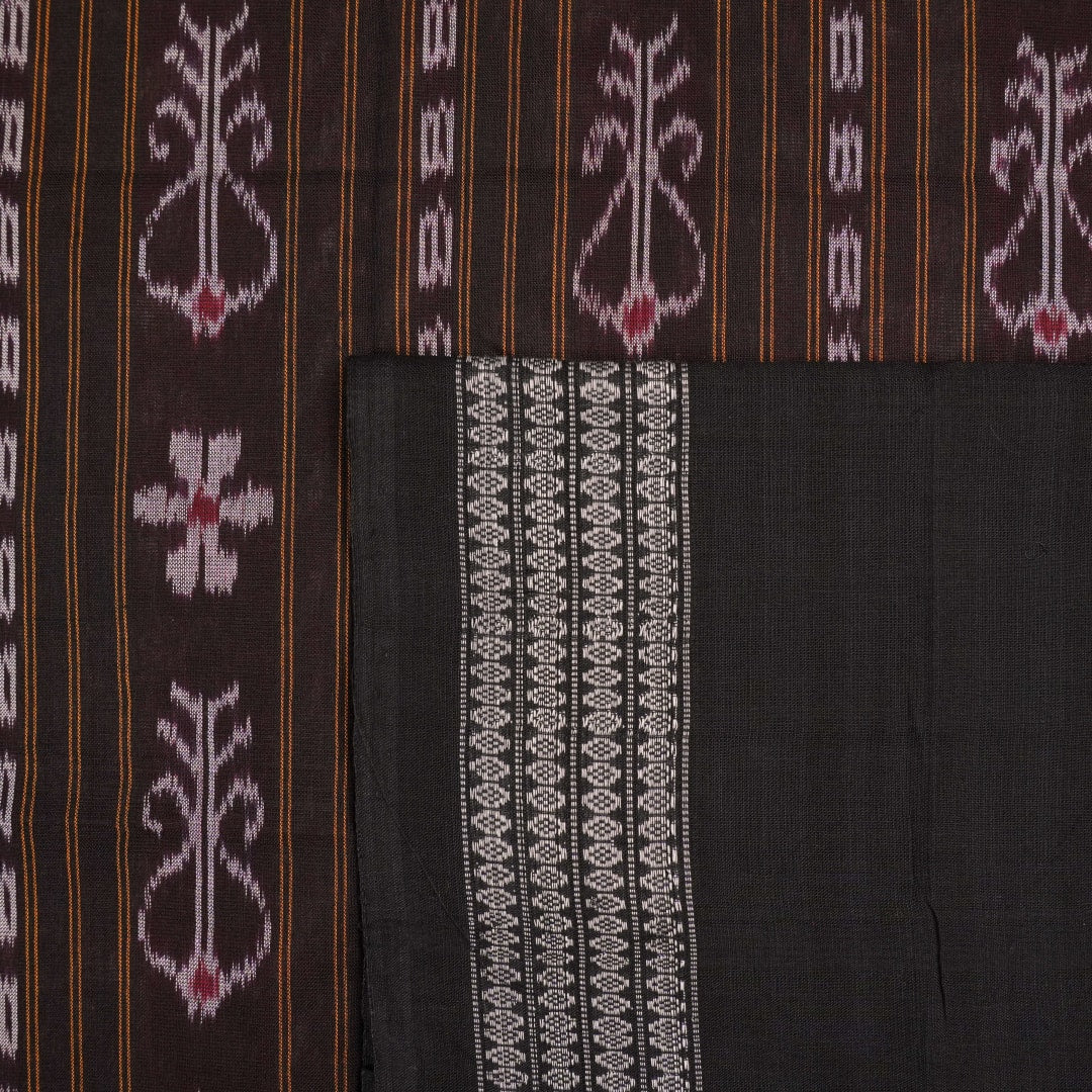 Full layout of a red and black Sambalpuri cotton saree displaying the overall body and pallu design.