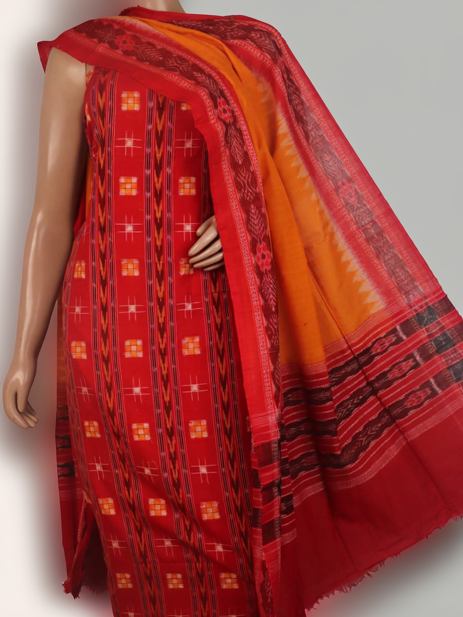 Close-up of the red and yellow Sambalpuri Pasapalli cotton blouse piece.