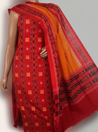 Close-up of the red and yellow Sambalpuri Pasapalli cotton blouse piece.