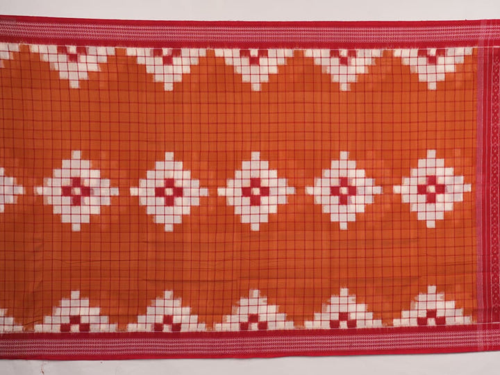 Elegant drape of a brown and red Pasapalli Sambalpuri cotton saree on a model for styling