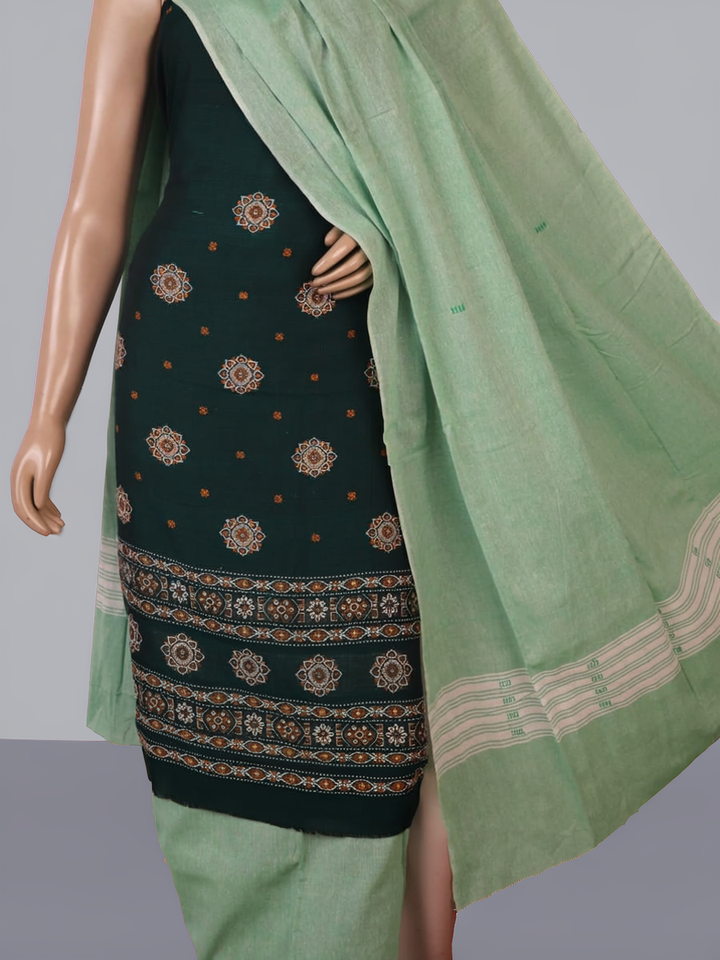 Coordinating green Bomkai cotton blouse piece with subtle weave details.