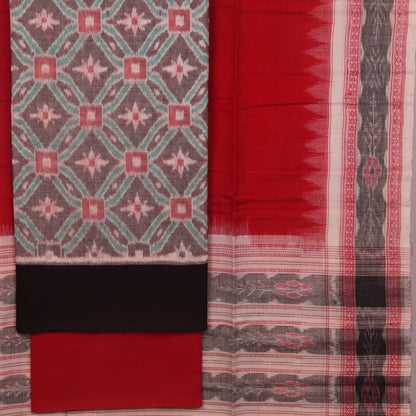 Grey Sambalpuri cotton dress material with red motifs: Detail of matching blouse piece.