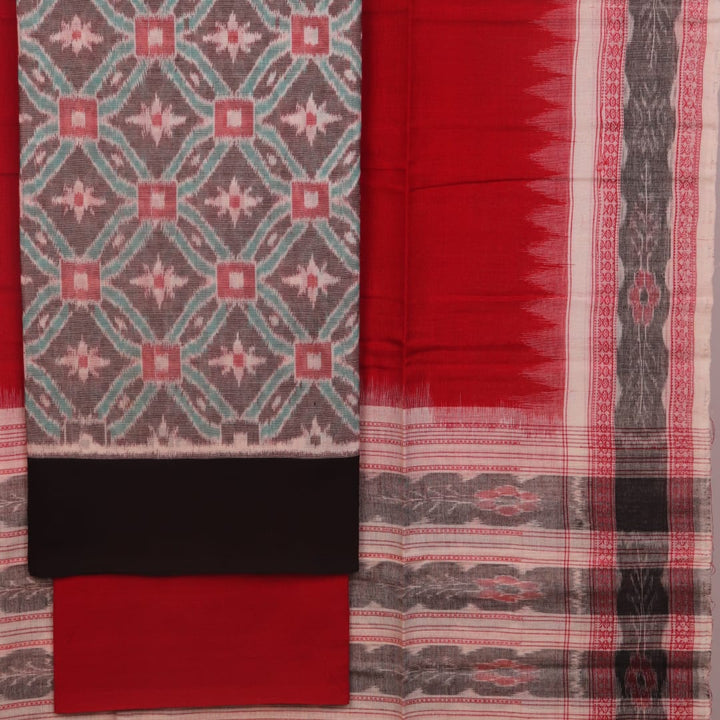 Grey Sambalpuri cotton dress material with red motifs: Detail of matching blouse piece.