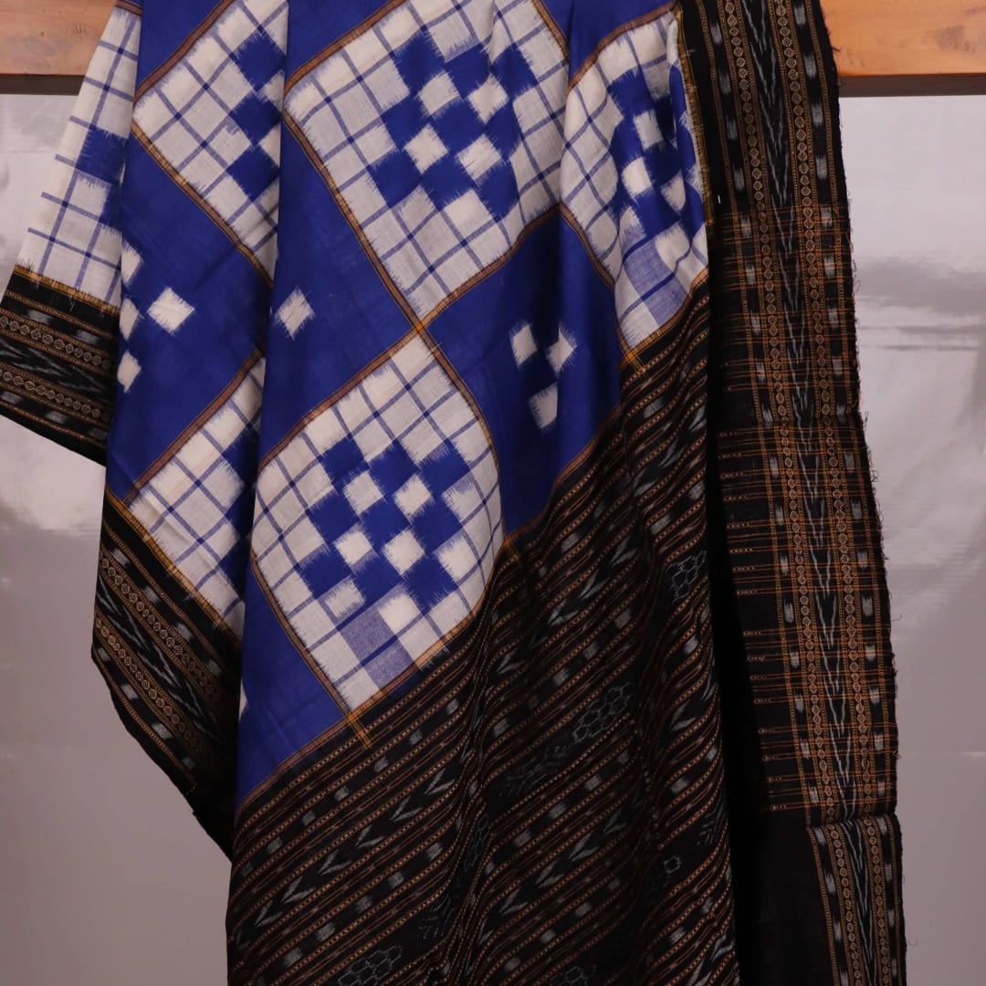Stylishly draped Sambalpuri cotton dupatta in blue and black with intricate Pasapalli motifs