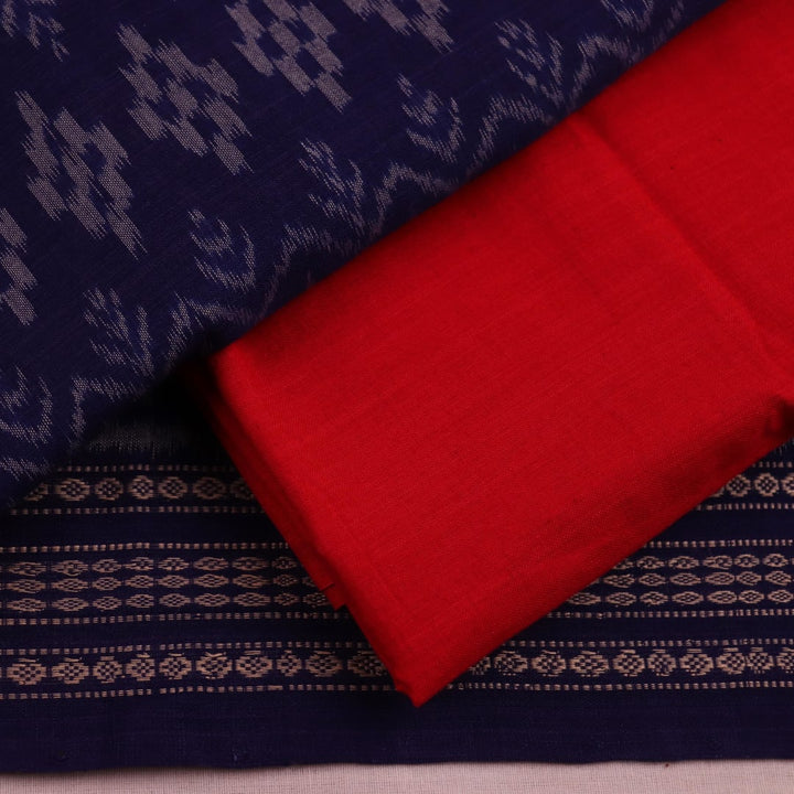 Close-up of Sambalpuri Cotton Dress Material in Blue with Red Motifs, displaying the blouse piece