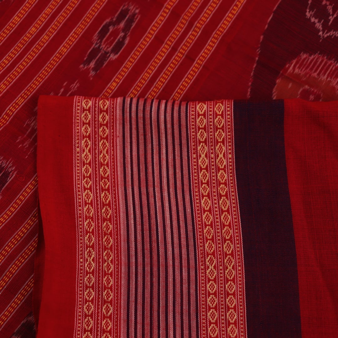 Blue cotton Bomkai saree with red butta pattern, full view