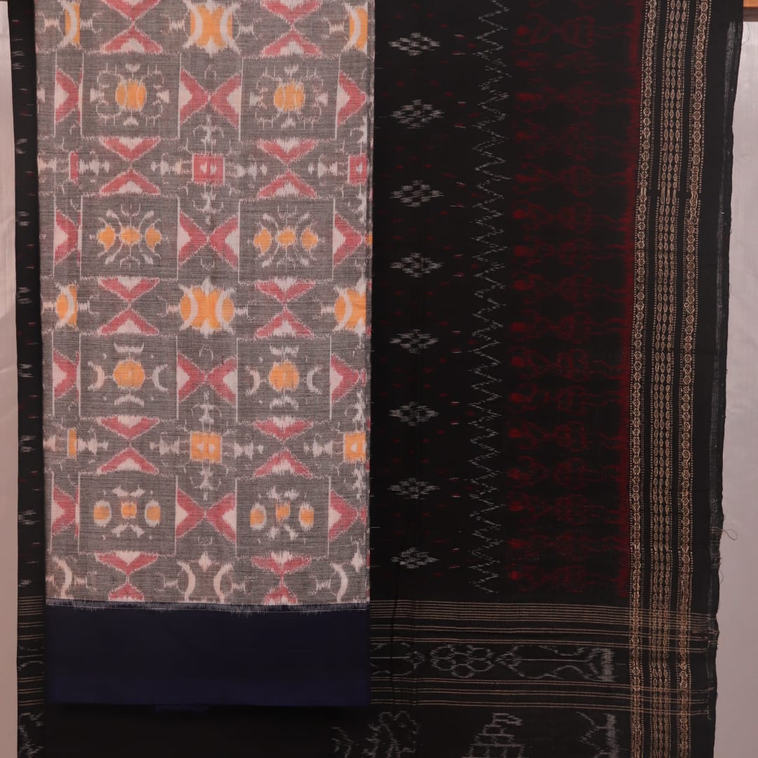 Grey and black Sambalpuri cotton dress material blouse piece with motifs.