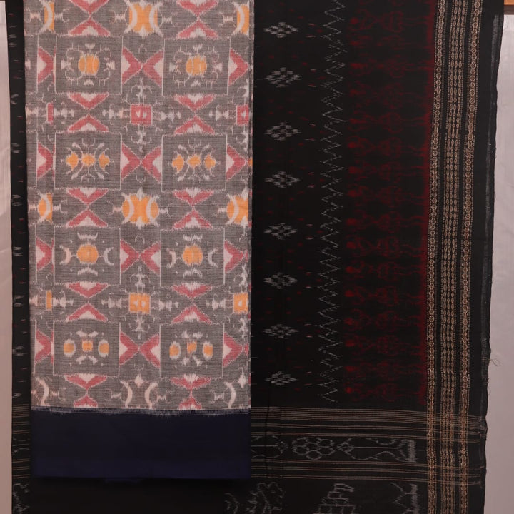 Grey and black Sambalpuri cotton dress material blouse piece with motifs.
