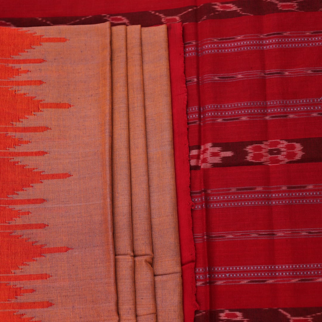 Handloom multi-color red plain Sambalpuri cotton saree, full product view.