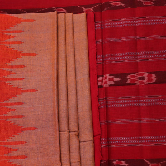 Handloom multi-color red plain Sambalpuri cotton saree, full product view.